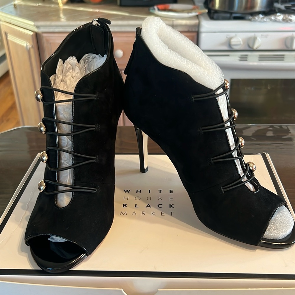 White House Black Market NIB Peyton Black Suede Peep Toe Booties